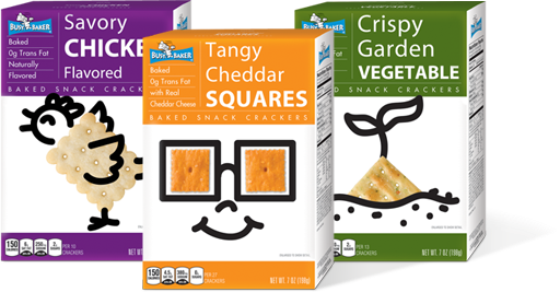 Busy baker savory chicken flavored, tangy cheddar squares and crispy garden vegetable cracker boxes 