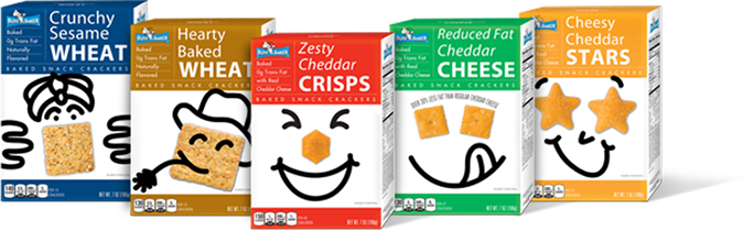 crunchy sesame wheat, hearty baked wheat, zesty cheddar crisps, reduced fat cheddar cheese & cheesy cheddar stars Busy Baker Cracker Boxes