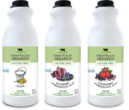 Plain, blueberry pomegranate acai, and blueberry pomegranate acai flavored kefir bottle renderings. 