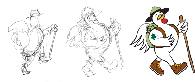 Progression of the Ranger character chicken, from hand drawn sketch to fully rendered color artwork. 
