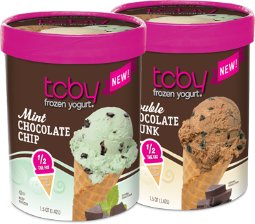 TCBY Mint Chocolate Chip and Double Chocolate Chunk Frozen Yogurt Tubs.