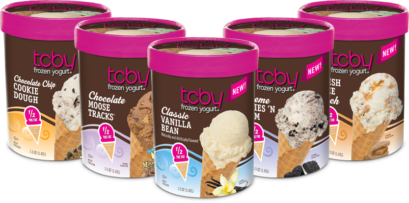 Chocolate Chip Cookie Dough, Chocolate Moose Tracks, Classic Vanilla Bean, Extreme Cookies 'n' Cream, English Toffee Crunch Frozen Yogurt Tubs. 